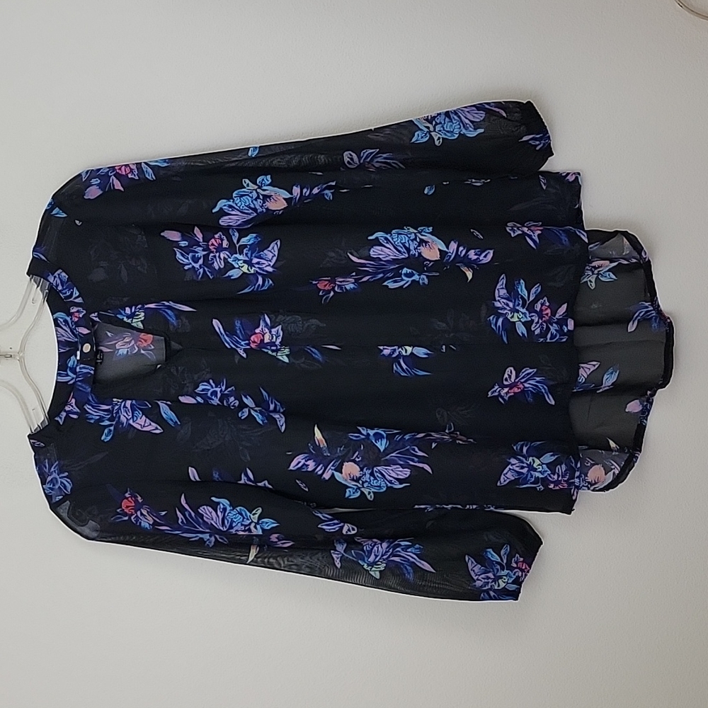 Face Face Black Floral Print Sheer High Low Blouse S